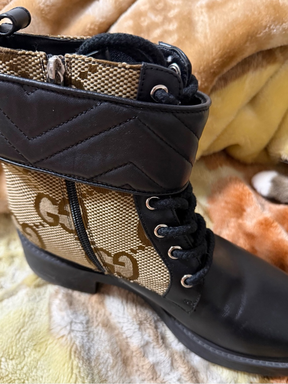 Gucci Black Leather & Tan GG Canvas Lace-Up Ankle Boots - Picture 7 of 9